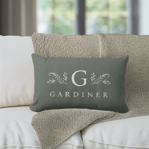 Elegant Green Botanical Monogram & Name Lumbar Pillow