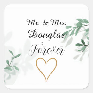 Elegant Green Botanical Mr & Mrs Wedding Square Sticker