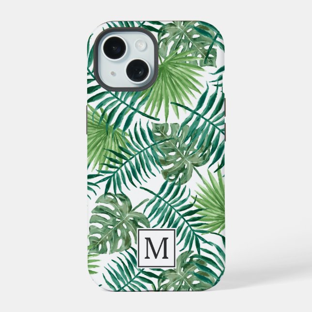 Elegant Green Botanical Pal Leaves Monogram iPhone 15 Case (Back)