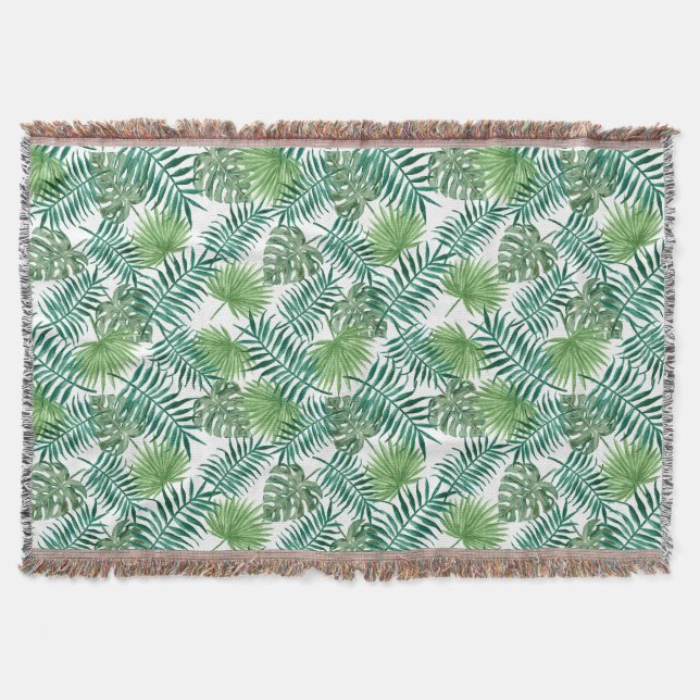 Elegant Green Botanical Palm Leaves Throw Blanket (Front)