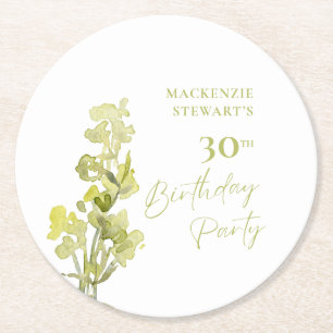 Elegant Green Botanical Watercolor 30th Birthday Round Paper Coaster