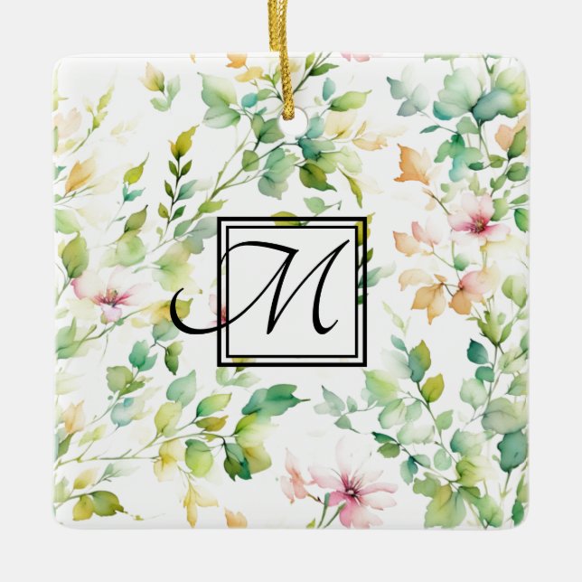 Elegant green botanical watercolor wildflowers  ceramic ornament (Front)