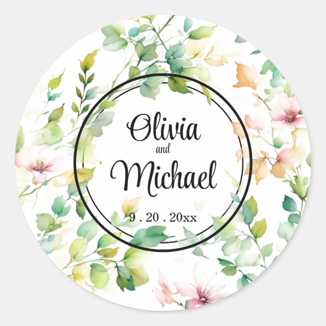 Elegant green botanical watercolor wildflowers  classic round sticker (Front)