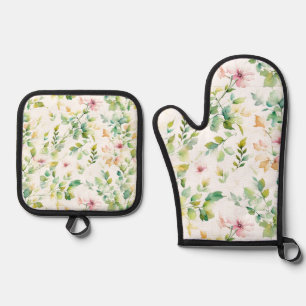 Elegant green botanical watercolor wildflowers  oven mitt & pot holder set