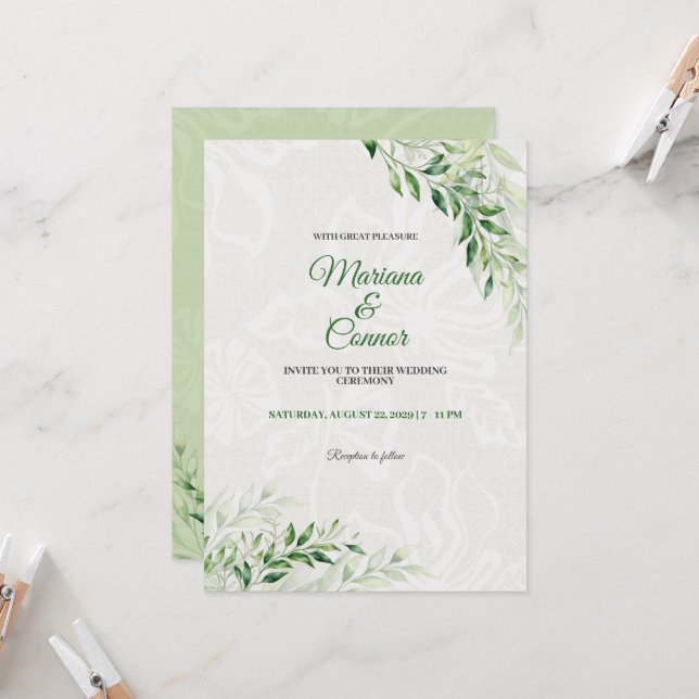 Elegant Green Botanical Wedding Invitation (Front/Back In Situ)