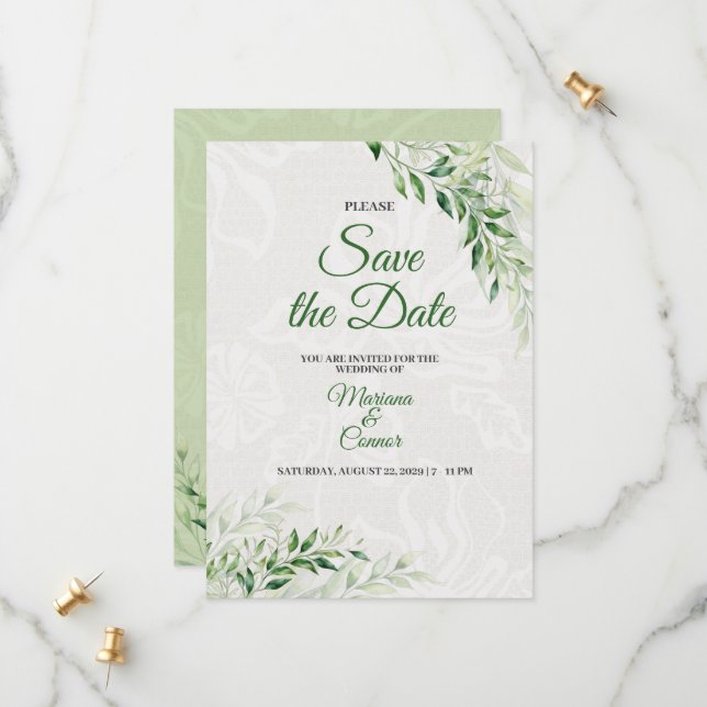 Elegant Green Botanical Wedding Save the date (Front/Back In Situ)