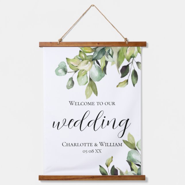 Elegant Green Botanicals Wedding Welcome Hanging Tapestry (Front)