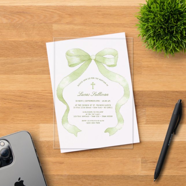 Elegant Green Bow Baptism Acrylic Invitations (Insitu (Invitation Card))