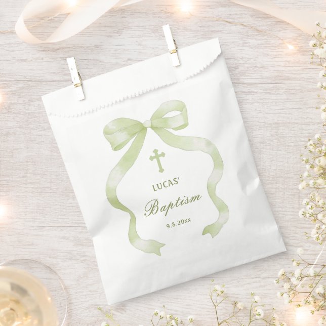 Elegant Green Bow Baptism Favour Bag (Clipped)