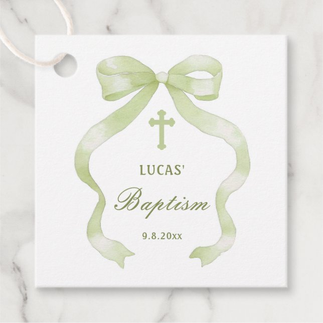 Elegant Green Bow Baptism Favour Tags (Front)