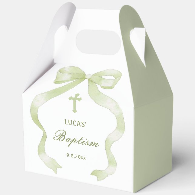 Elegant Green Bow Baptism Gable Favor Box (Front)