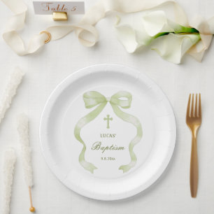 Elegant Green Bow Baptism Paper Plate