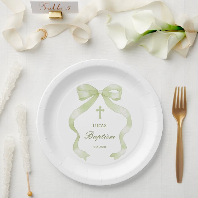 Elegant Green Bow Baptism Paper Plate (Wedding)