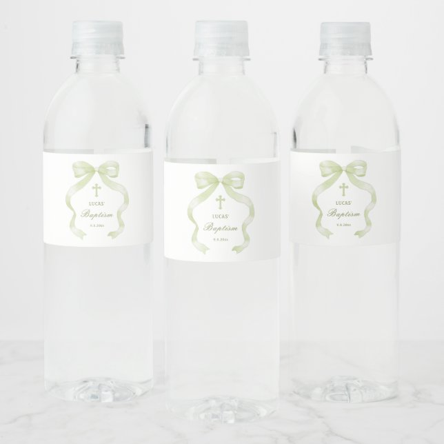 Elegant Green Bow Baptism Water Bottle Label (Bottles)