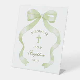 Elegant Green Bow Baptism Welcome Pedestal Sign
