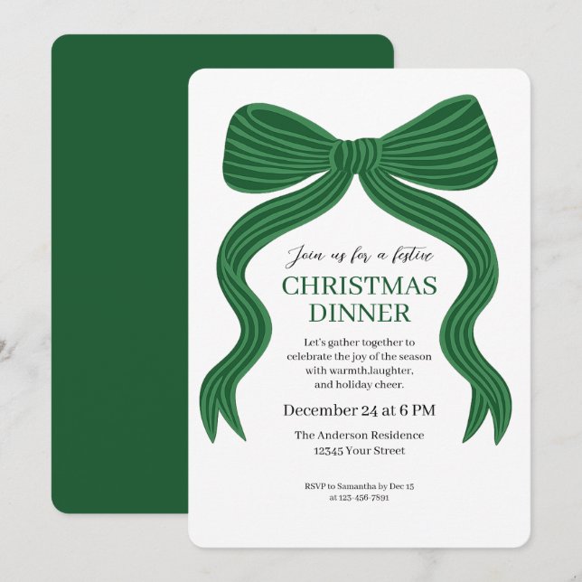 Elegant Green Bow Christmas Dinner Invitation (Front/Back)