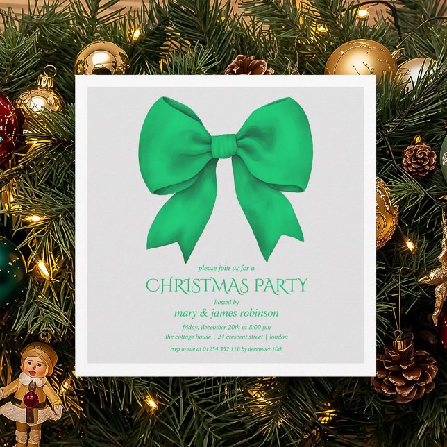 Elegant Green Bow Christmas Holiday Party  Invitation (Elegant Green Bow Christmas Holiday Party Invitation)