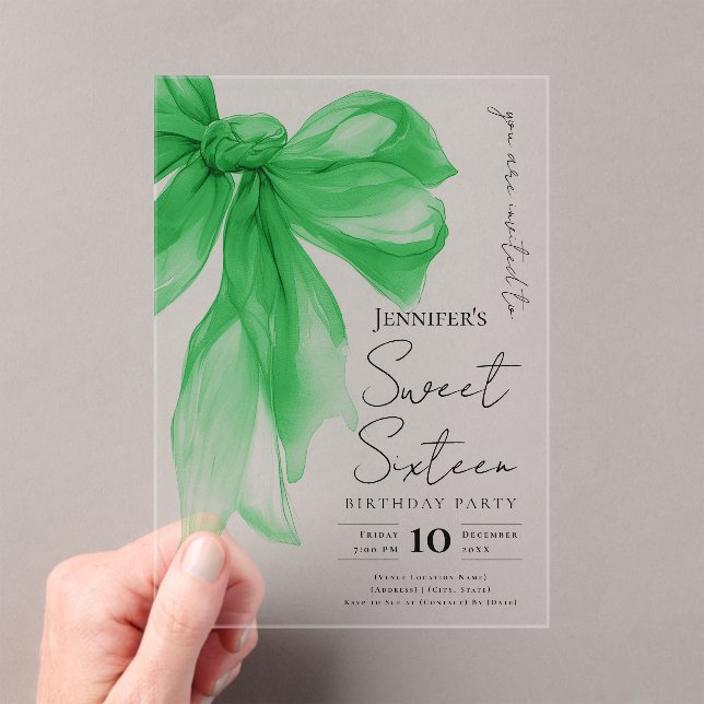 Elegant Green Bow Coquette Script Sweet 16 Party Acrylic Invitations (Insitu (Handheld))