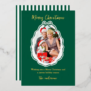 Elegant Green Bow Frame Photo Merry Christmas Foil Holiday Card