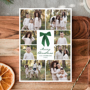 Elegant Green Bow Merry Christmas 8 Photo Collage Holiday Card