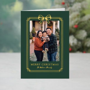 Elegant Green Bow Merry Christmas Family Photo Foil Holiday Card