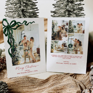 Elegant Green Bow Merry Christmas Photo Holiday Card