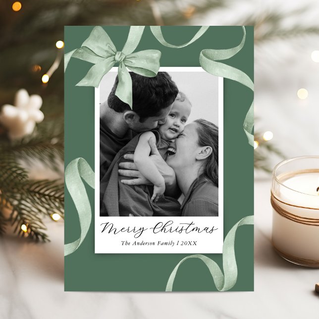 Elegant Green Bow Photo Christmas Holiday Card (Creator Uploaded)