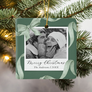Elegant Green Bow Photo Holiday Ceramic Ornament