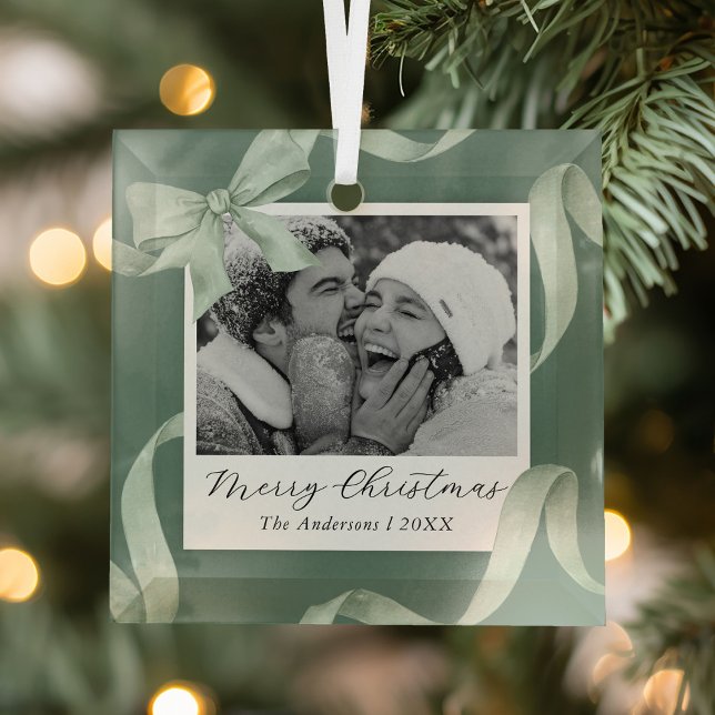 Elegant Green Bow Photo Holiday Glass Ornament (Creator Uploaded)