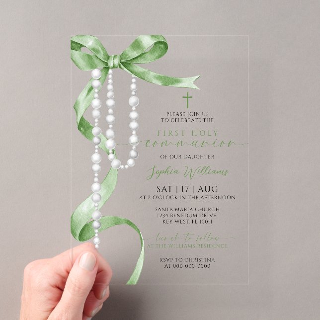Elegant Green Bow & Rosary First Holy Communion Acrylic Invitations (Insitu (Handheld))