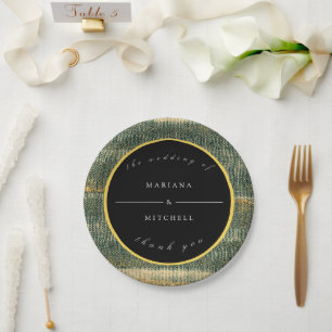 Elegant Green Brush with gold and black  Round   Paper Plate
