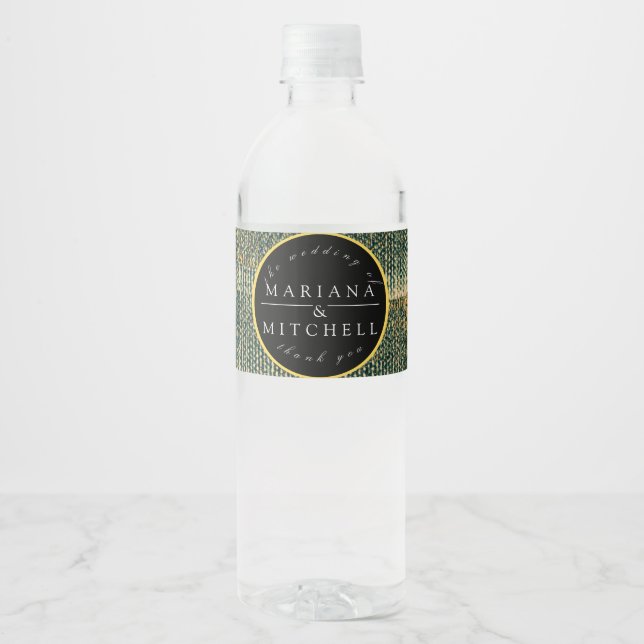Elegant Green Brush with gold and black  Round  Water Bottle Label (Front)