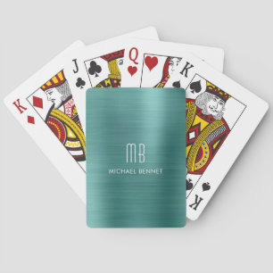 Elegant Green Brushed Metallic Monogram Name Playing Cards