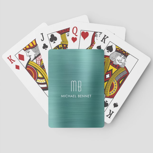 Elegant Green Brushed Metallic Monogram Name Playing Cards (Back)