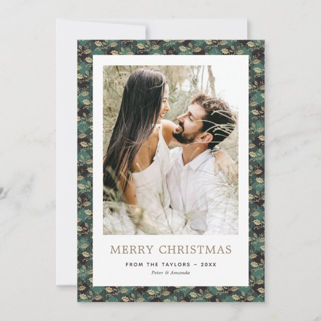 Elegant Green Buffalo Plaid Holly Photo Christmas Holiday Card (Front)