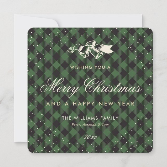 Elegant Green Buffalo Plaid Snow Traditional Holiday Card (Front)