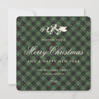Elegant Green Buffalo Plaid Snow Traditional Holiday Card