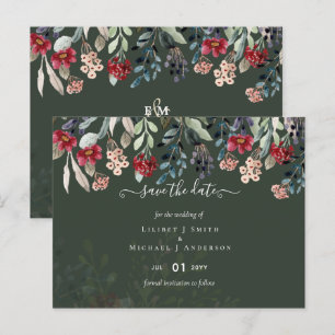 Elegant Green Burgundy Blue Floral Wedding Postcard