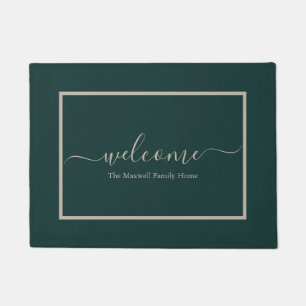 Elegant green calligraphy family name welcome doormat