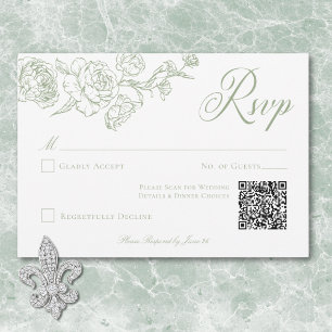 Elegant Green Chinoiserie Bird & Crest Wedding QR RSVP Card