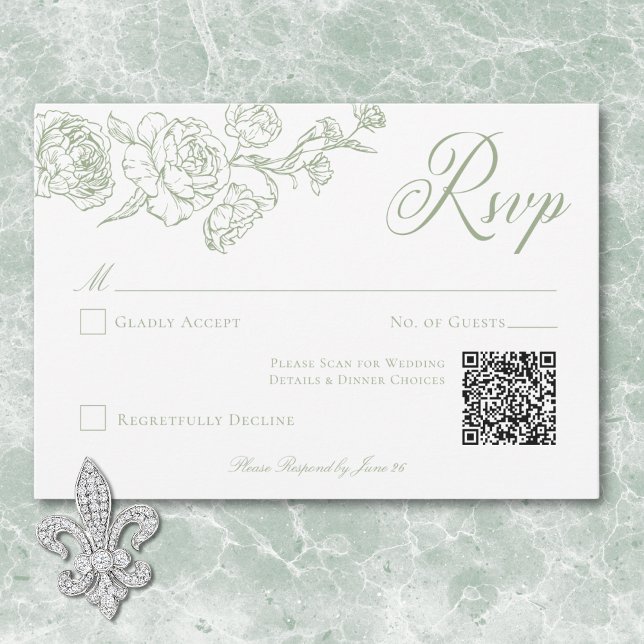 Elegant Green Chinoiserie Bird & Crest Wedding QR RSVP Card (Elegant Green Chinoiserie Bird & Crest Wedding QR RSVP Card)