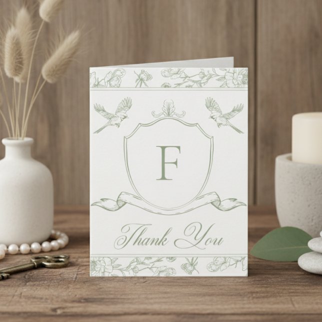 Elegant Green Chinoiserie Bird & Crest Wedding Thank You Card (Creator Uploaded)