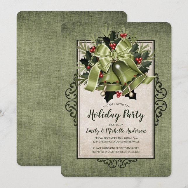 Elegant Green Christmas Bells Holiday Party Invitation (Front/Back)
