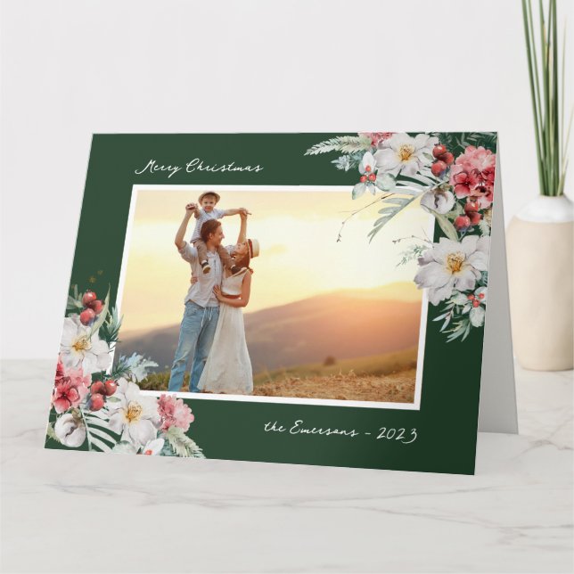 Elegant Green Christmas Photo Holiday Card (Front)