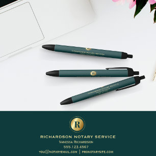 Elegant Green Classic Gold Monogram Promo Notary Black Ink Pen
