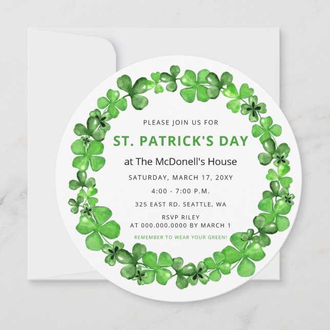 Elegant Green Clover Shamrock St Patricks Day Invitation (Front)