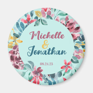Elegant green colourful watercolor floral wedding magnet