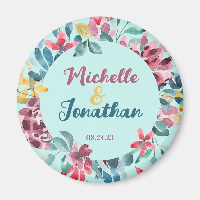 Elegant green colourful watercolor floral wedding magnet (Front)