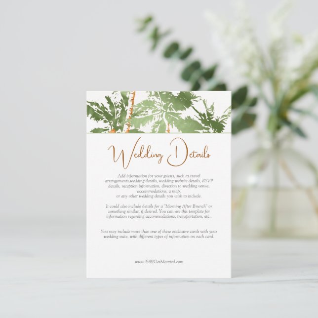 Elegant Green Copper Palm Trees Wedding Details Enclosure Card (Standing Front)