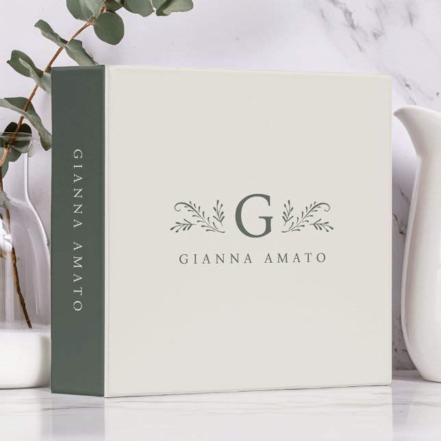 Elegant Green & Cream Botanical Monogram & Name Binder (Creator Uploaded)